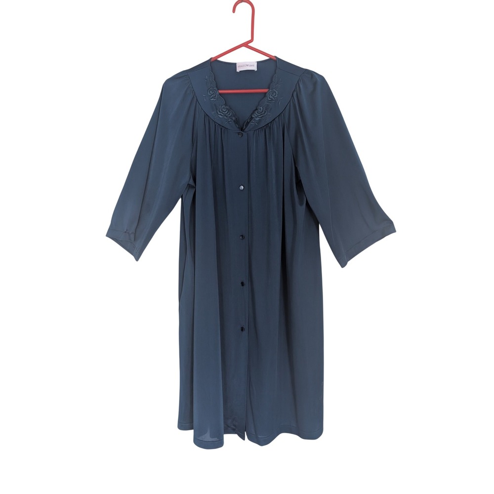Shadowline‎ Vintage M  Teal Blue Nylon Button Front Nightgown Robe Embroidered